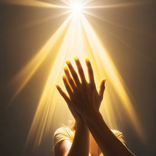 Prompt: suns light yellow rays appears as a hand  shsking a woman's  hands 