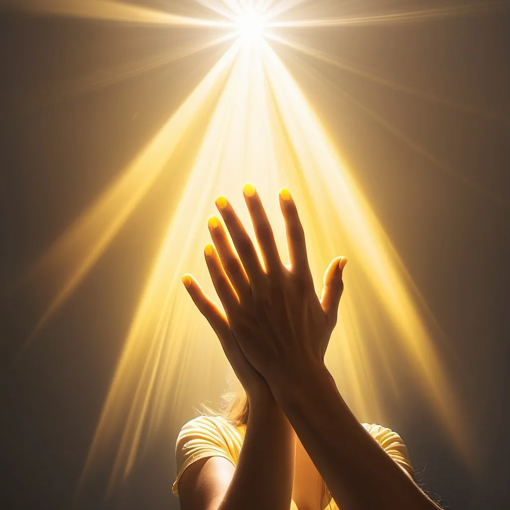 Prompt: suns light yellow rays appears as a hand  shsking a woman's  hands 