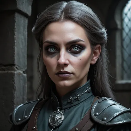 Prompt: Female changeling prison warden, fantasy setting, ominous atmosphere, detailed facial features, high quality, fantasy, dark tones, detailed eyes, shapeshifter, medieval, eerie lighting