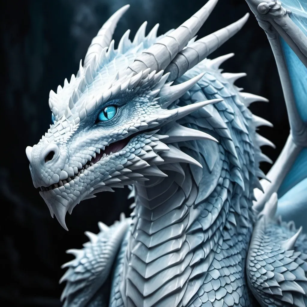 Prompt: Young white dragon in DnD style, detailed scales and icy breath, epic fantasy, highres, detailed dragon eyes, majestic pose, icy blue tones, dramatic lighting, fantasy, epic, mythical creature, dragon, detailed scales, DnD style, icy breath, majestic, icy blue tones, dramatic lighting