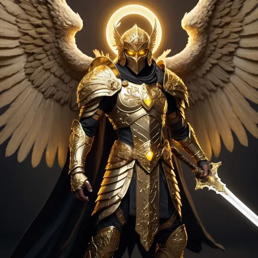 Prompt: DnD style Aasimar with golden mask, sword, and shield, glowing golden eyes, intricate gold details, high quality, fantasy, detailed armor, radiant lighting, heroic pose, divine aura, male, no wings Full Mask