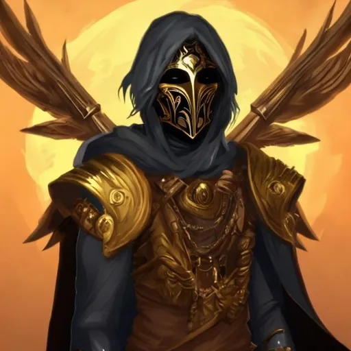 Prompt: A male Scourge Aasimar wearing a Golden Mask with
