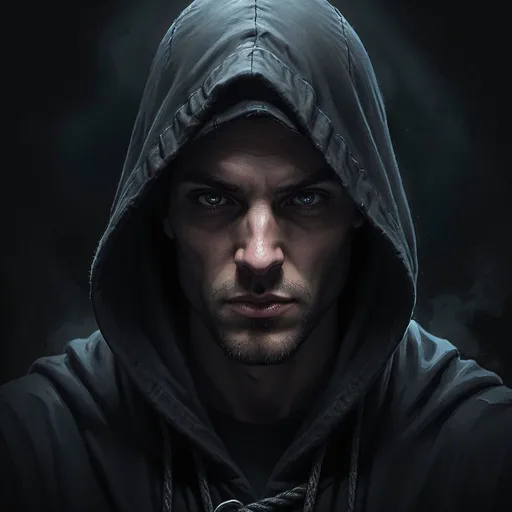 Prompt: Hooded stranger, mysterious, dark and moody, high quality, digital painting, DND style, detailed hood, shadowy face, intense eyes, ominous atmosphere, cool tones, atmospheric lighting
