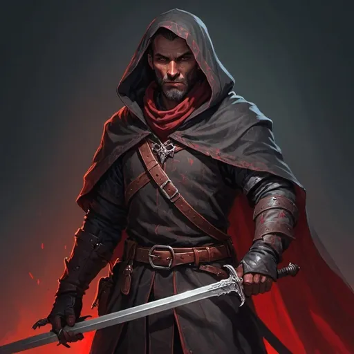 Prompt: A DnD Bloodhunter Noble Man with a sheated sword and he is cloaked