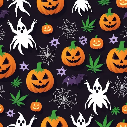 Prompt: : Decorate with Halloween elements like spiders, bats, and ghosts but with a cannabis twist