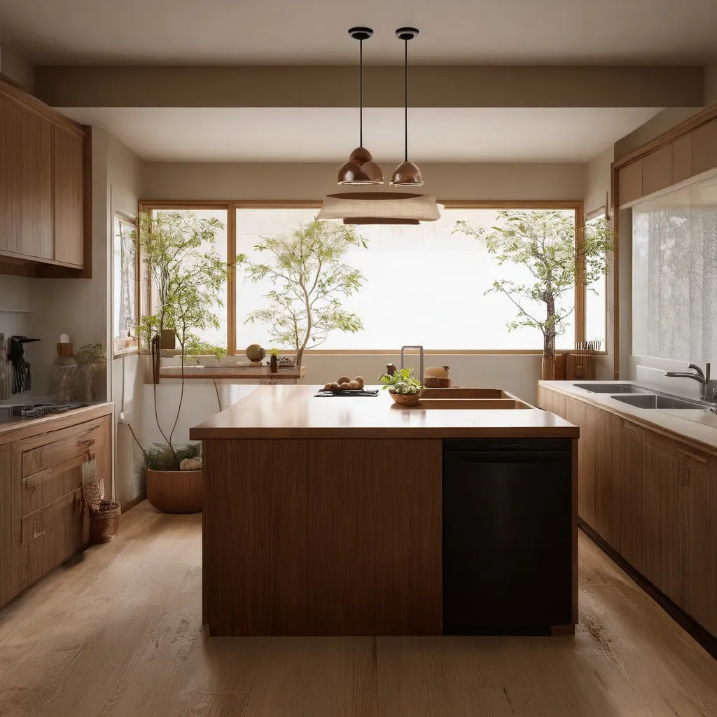 Prompt: 371cm and 229cm kitchen.
Fusion of Japandi and Song dynasty interior design, with island table. No oven and microwave. Dishwasher at the bottom of the sink