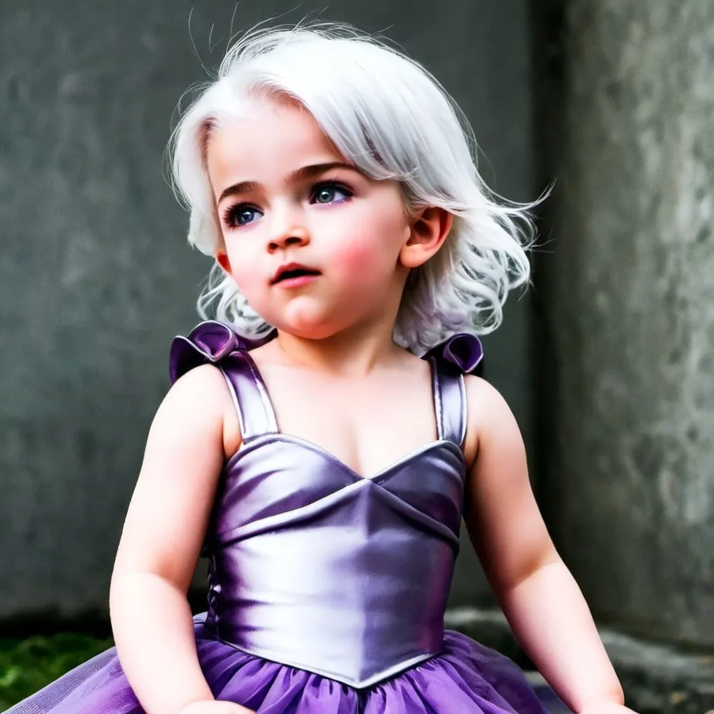 Prompt: Baby Targaryen princess, silver hair, purple eyes