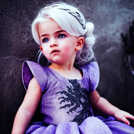 Prompt: Baby Targaryen princess, silver hair, purple eyes