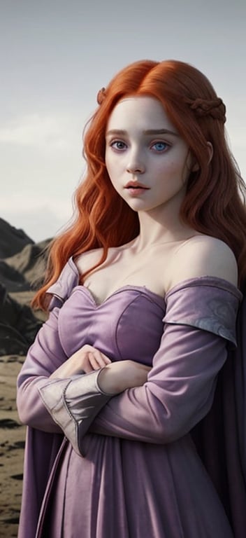 Prompt: Baby Targaryen princess with auburn hair, and purple eyes