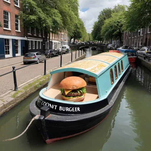 Prompt: A canal boat on a canal that sells ‘artisan’ vegan burgers with cheese made from coconut and canal water