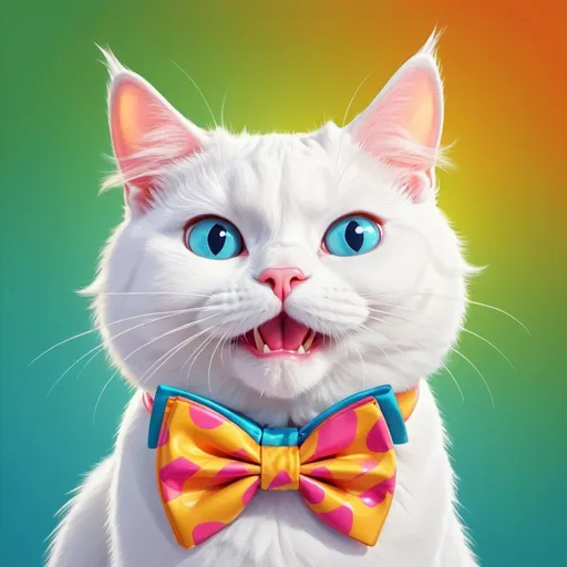 Prompt: Silly white cat, playful expression, digital illustration, cartoon style, bright and colorful, whimsical background, comically oversized bowtie, high quality, cartoon, bright colors, whimsical, playful, digital illustration, silly expression, comically oversized accessory, vibrant lighting