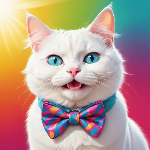 Prompt: Silly white cat, playful expression, digital illustration, cartoon style, bright and colorful, whimsical background, comically oversized bowtie, high quality, cartoon, bright colors, whimsical, playful, digital illustration, silly expression, comically oversized accessory, vibrant lighting