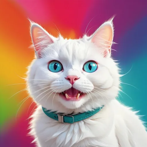 Prompt: Silly white cat, playful expression, digital illustration, cartoon style, bright and colorful, whimsical background, high quality, cartoon, bright colors, whimsical, playful, digital illustration, silly expression, comically oversized accessory, vibrant lighting