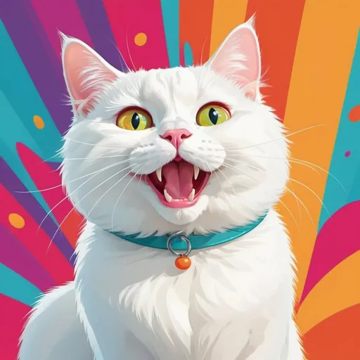 Prompt: Silly white cat, playful expression, digital illustration, cartoon style, bright and colorful, whimsical background, high quality, cartoon, bright colors, whimsical, playful, digital illustration, silly expression, comically oversized accessory, vibrant lighting