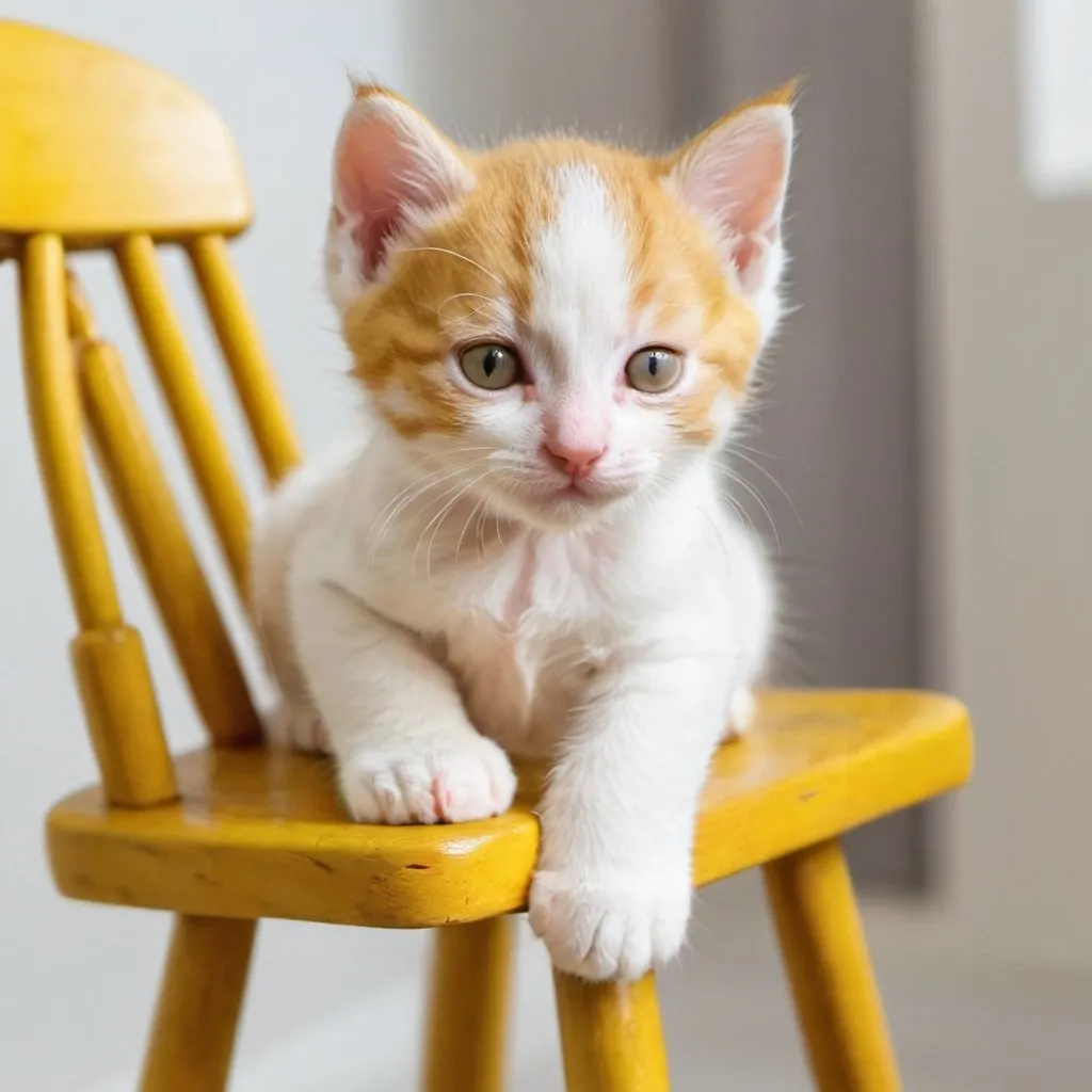 Prompt: a cute yellow and white 1 week old cat on a chair

