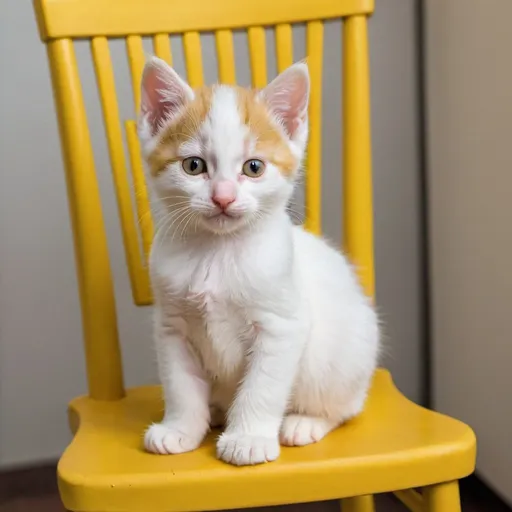 Prompt: a cute yellow and white 1 week old cat on a chair

