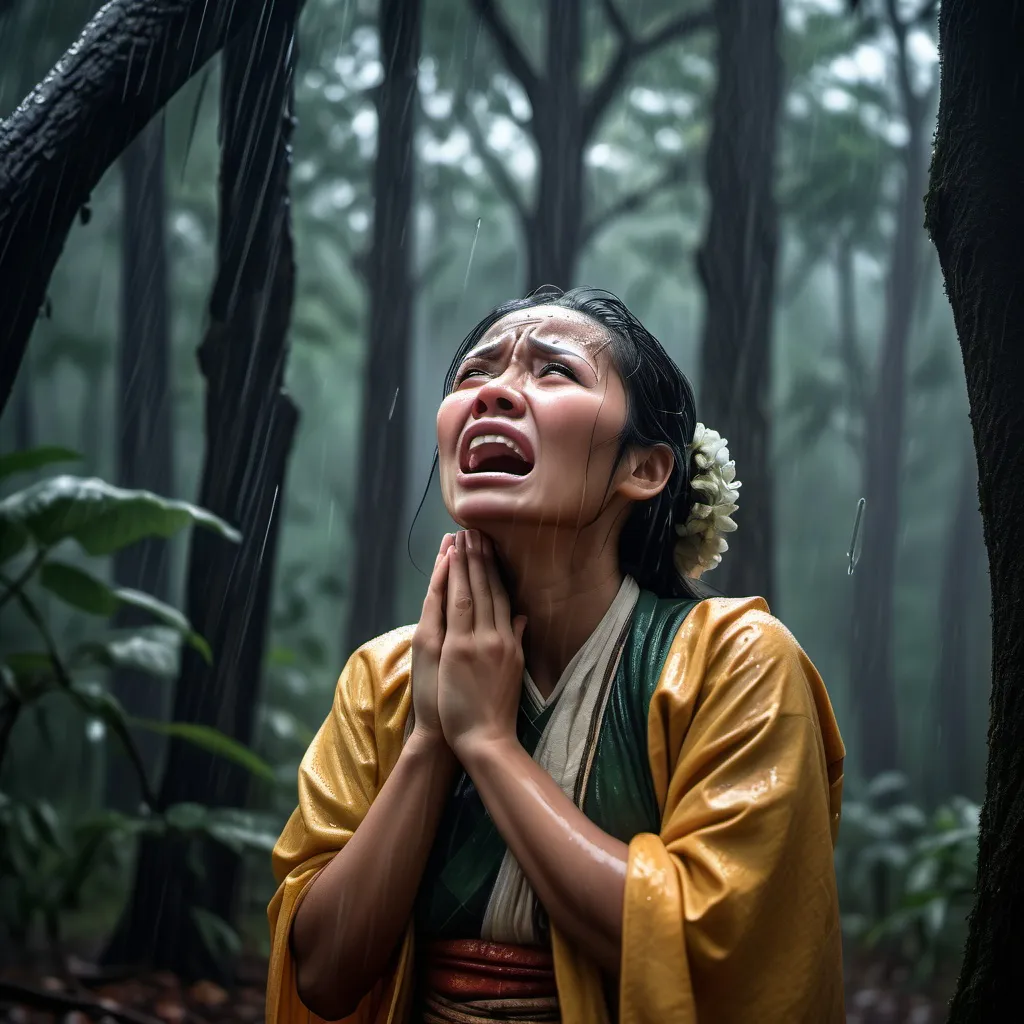 Prompt: seorang wanita cantik berpakaian adat madura menangis dalam ketakutan dengan katar belakang hutan gelap hujan rintik dan pepohonan besar