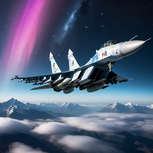 Prompt: Create a mesmerizing scene featuring a SU-30 MKI of the Indian Air Force gracefully soaring through a celestial sky adorned with a breathtaking display of stars, planets, and an enchanting aurora borealis. Capture the ethereal beauty of the night sky inspired by the magical ambiance of The Himalayas, where cosmic wonders and vibrant colors come together to form a truly awe-inspiring and visually stunning panorama.