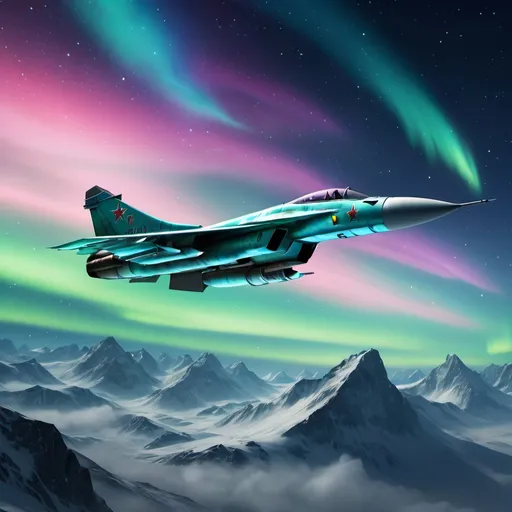 Prompt: Create a mesmerizing scene featuring a Mig-21 gracefully soaring through a celestial sky adorned with a breathtaking display of stars, planets, and an enchanting aurora borealis. Capture the ethereal beauty of the night sky inspired by the magical ambiance of Skyrim, where cosmic wonders and vibrant colors come together to form a truly awe-inspiring and visually stunning panorama.