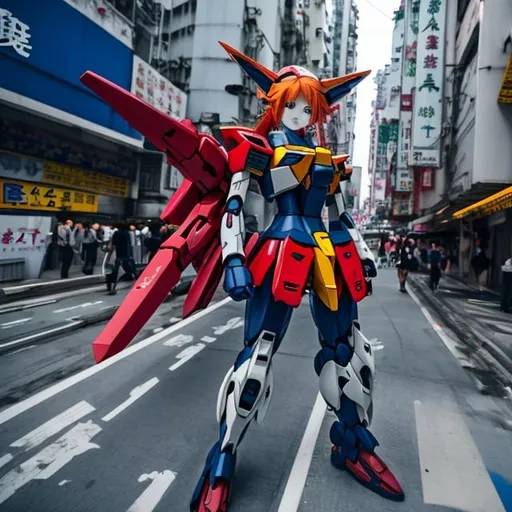 Prompt: red hair japanese girl  riding on gundam in Hong Kong street