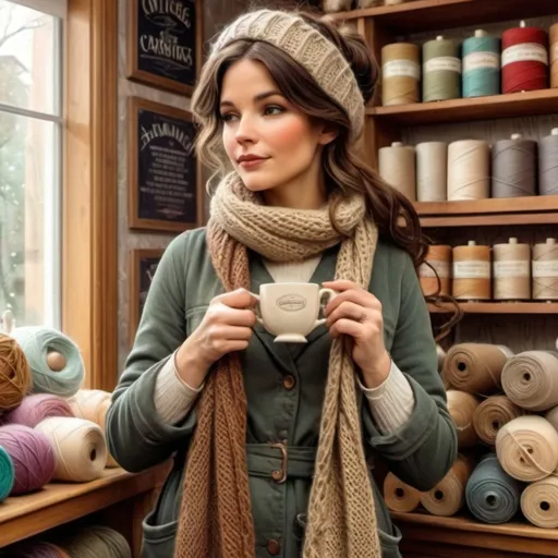 Prompt: (vintage poster style), Woman (stylishly dressed) standing inside a charming British yarn shop, surrounded by colorful spools of yarn and artisanal knitting supplies. A steaming cup of coffee cradled in her hands, warm, inviting atmosphere, soft, muted colors, retro typography on the wall, cozy ambiance, vintage decor elements, (highly detailed), nostalgic charm, ideal for a crafting enthusiast.