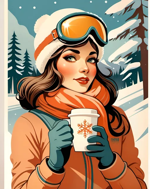 Prompt: 1960s poster illustration of a woman in ski gear, to-go coffee cup, Northern Michigan, vintage retro style, snowy landscape, detailed snowflakes, warm and cozy vibe, classic 60s color palette, high-quality, retro poster, vintage, snowy scene, cozy, detailed, warm colors, classic vibes, nostalgic, winter wonderland, retro fashion