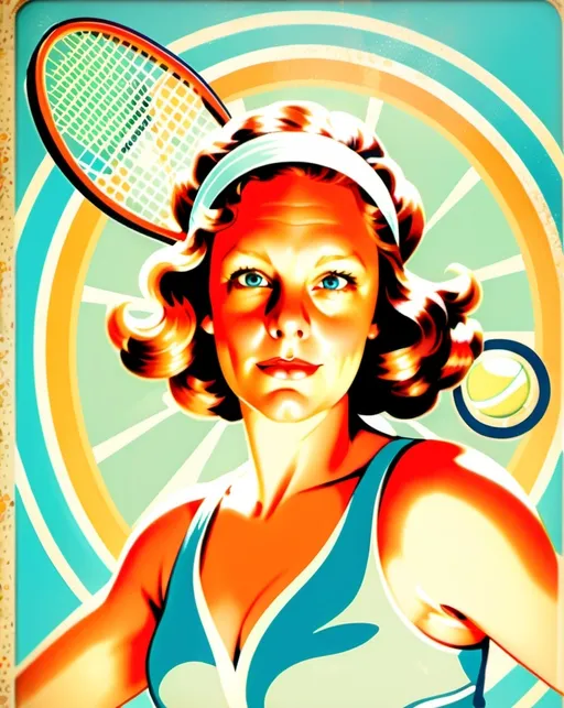 Prompt: (2D illustration), (vintage 1960s poster style), a stylish woman playing tennis confidently, wearing a classic tennis outfit with a skirt and headband, dynamic pose as she swings a racket, bright pastel colors, retro patterns in the background, nostalgic ambiance, capturing the essence of the era, HD quality, eye-catching composition.