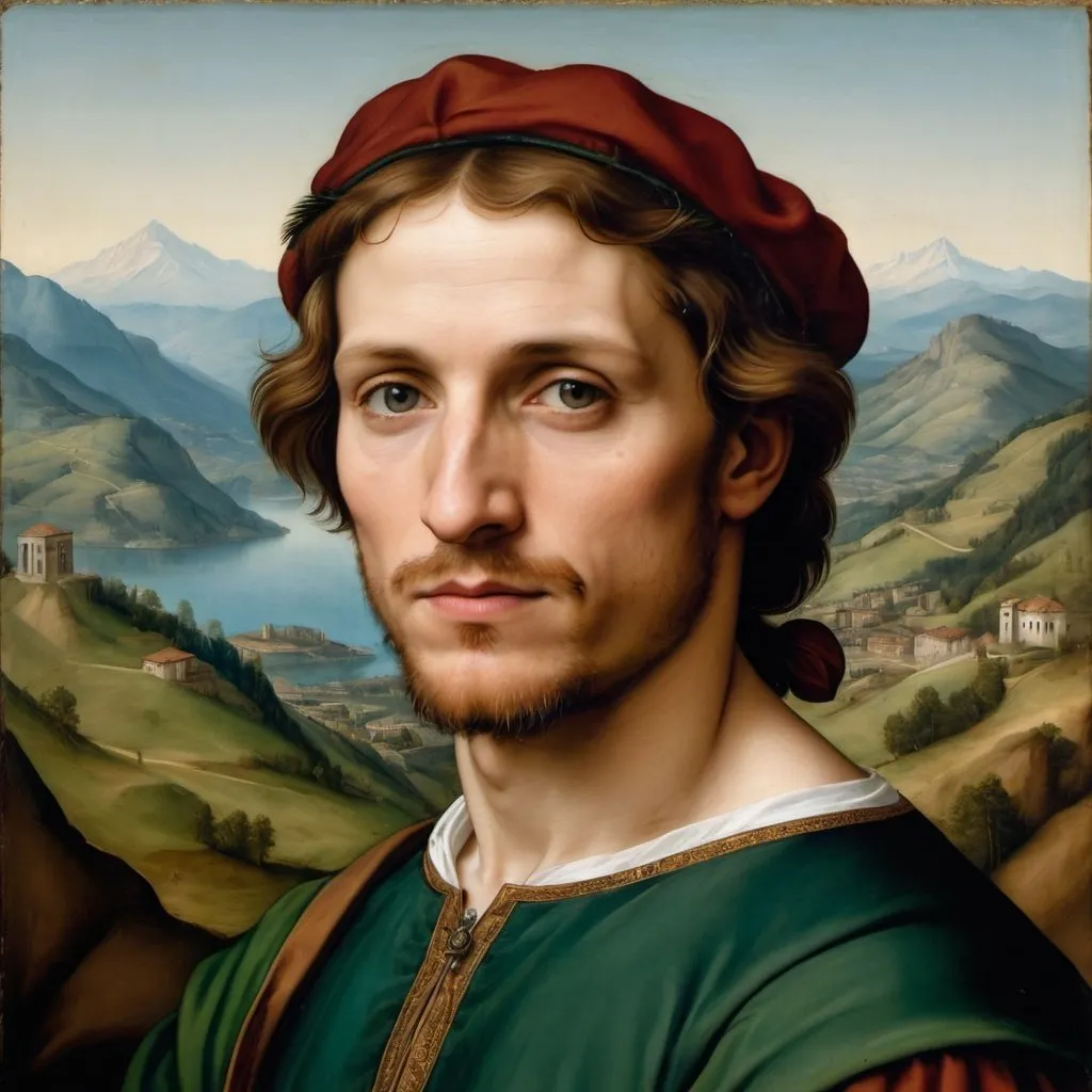 Prompt: A painted portrait of a man in the style of Italian Renaissance painter Raphael with mountains in the background