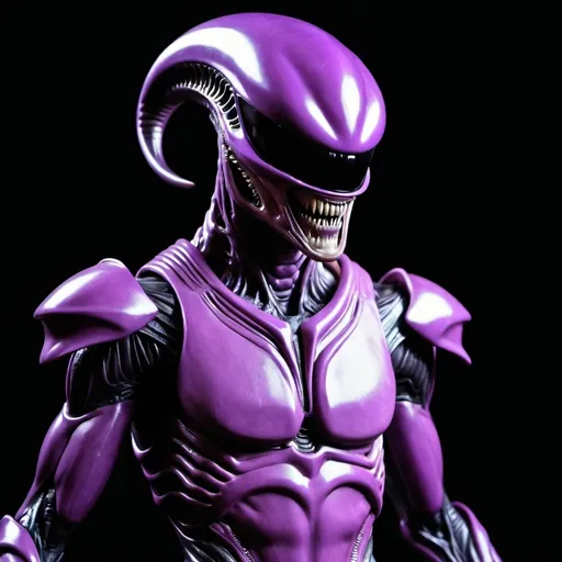 Prompt: xenomorph alien with elongated head in purple power ranger suit with solid blank black background