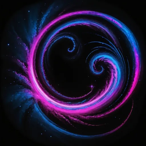 Prompt: Galactic light painting on a black backdrop, vibrant pink and blue hues, cosmic swirls and stars, high quality, long exposure photography, neon colors, ethereal atmosphere, detailed swirls, atmospheric lighting