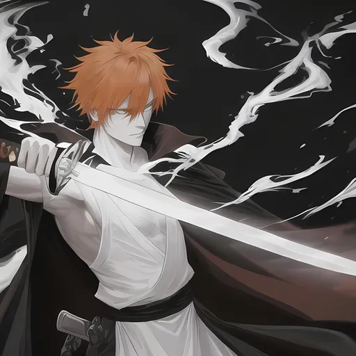 Prompt: An orange haired man, wearing a black robe, holding a sword with a blade made of almost pure white energy and a handle wrapped in white cloth