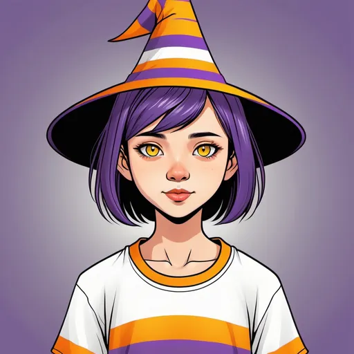 Prompt: CARTOON A teenage Laotian witch. Her witch hat has yellow, orange, and white stripes. She has short purple hair, and orange eyes. Her mostly white T-shirt has white orange and yellow stripes on the sleves.