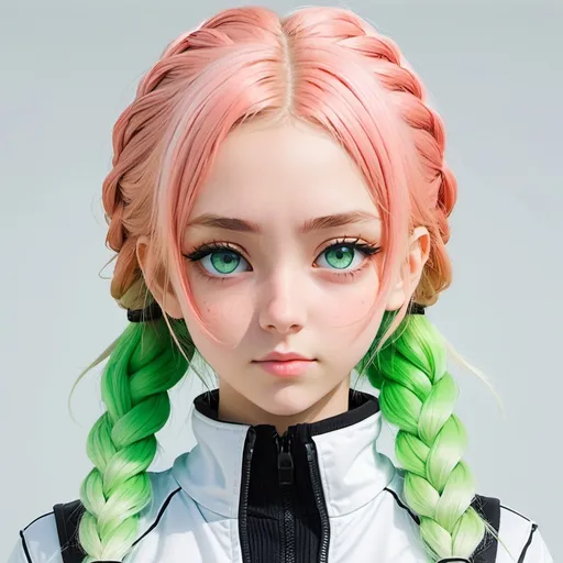 Prompt:  ANIME A beautiful young adult woman with seafoam green eyes. She has two thick ombre braids. Her hair starts as salmon pink and fades to lime green. She wears a black turtleneck with a white line in the middle and a diamond-shaped cutout in her shirt. She also wears a plain white jacket.