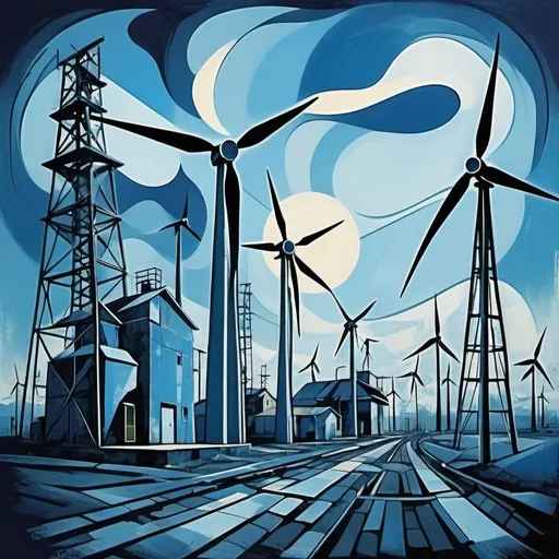 Prompt: Energy transition in the early 60's, Picasso style with blue tones, industrial landscape, wind turbines and solar panels, vintage machinery, abstract interpretation, highres, detailed, Picasso, abstract, industrial, vintage, blue tones, renewable energy, atmospheric lighting