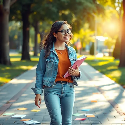 Prompt: (photorealistic), a confident girl walking purposefully, introducing practical studying techniques for English and German exams, vibrant outdoor setting with a beautiful park backdrop, bright sunlight illuminating her path, engaging facial expression reflecting enthusiasm, stylish casual outfit, carrying study materials, with scattered colorful notes around her, creating an inviting and motivational ambiance, high quality, ultra-detailed image.