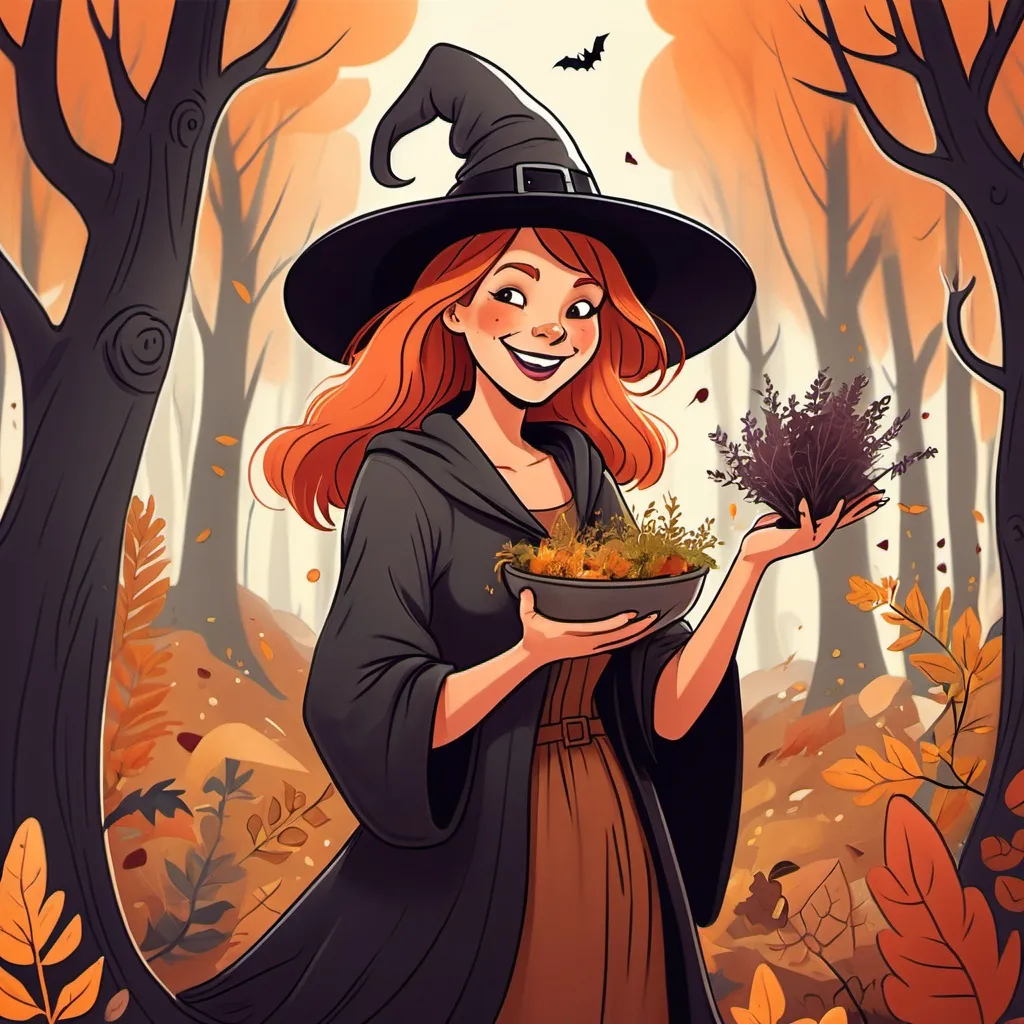 Prompt: A drawing of a happy Witch in her 30's gathering Herbs in an autumn forest. make it magical and happy