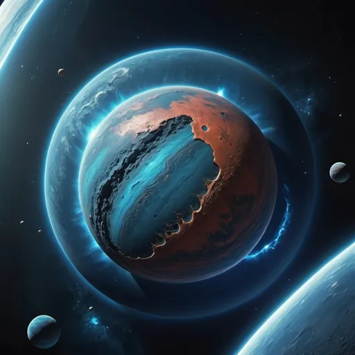 Prompt: Beautiful yet chaotic planet viewed from outerspace, with the planet having a strong color theme of blue