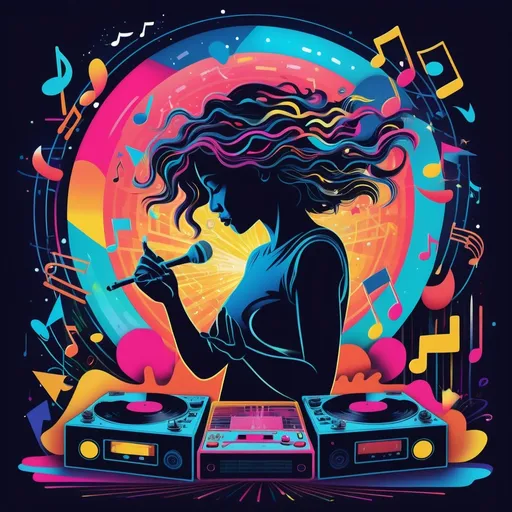 Prompt: {
  "prompt": "A colorful and dynamic scene representing the intense enjoyment of hyperfixation songs. Show a person surrounded by musical notes, waves, and abstract shapes bursting with vibrant colors like neon blues, pinks, and yellows. The background can feature a mix of geometric patterns and pulsating lights, reflecting the energy and dopamine rush. Add elements like vinyl records, cassettes, and musical instruments subtly integrated into the design, all contributing to the overwhelming sense of euphoria and deep focus on the music.",
  "size": "1024x1024"
}