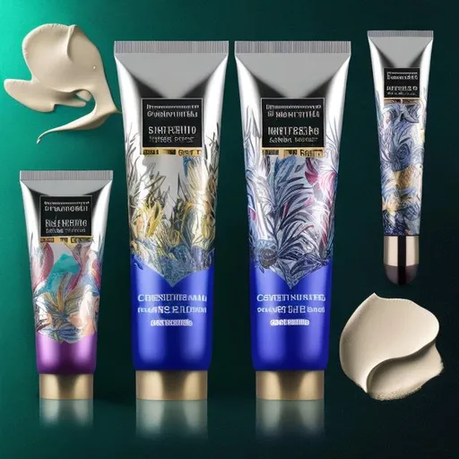 Prompt: cosmetic tubes for hand cream with crazy printing, photorealistic, detailed metallic printing, vibrant blues, high quality, photorealism, realistic lighting, detailed reflections, professional, vivid colors, vibrant, detailed packaging, glossy and matt finish, nature-inspired, high-res, ultra-detailed