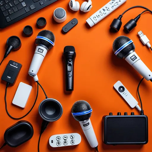 Prompt: Karaoke products, cell phones and accessories, entertainment electronics products on a dark orange background and everything else is white to be used as a header for techramp.store