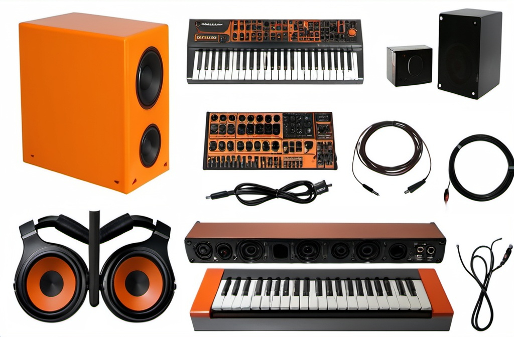 Prompt: Electronics music products to use for techramp.store.  It has a white background and everything else is dark orange.