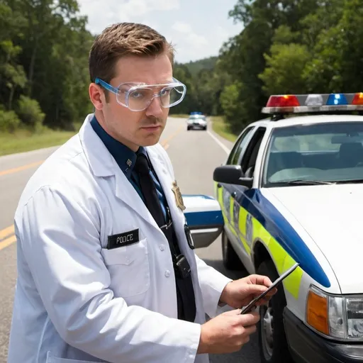 Prompt: a police officer pulling over a vehicle on the side of the road wearing a lab coat and chemistry safety goggles