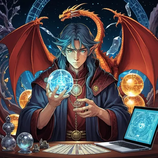 Prompt: tarot card Anime illustration, A dragon wizard with some electronic circuits as a background and a laptop in the hand opposite the crystal ball. 

