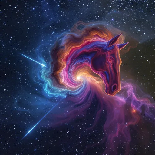 Prompt: Photo realistic with exceptionally fine detail. A colossal Horse Head Nebula dominates the scene, swirling with intense gravitational distortion. Vibrant tendrils of a colorful nebula — in shades of electric blue, fiery orange, magenta, and deep violet — . The surrounding space is peppered with Nebula and Sagittarius A stars, some warping near the gravitational lensing. Plasma jets shoot from the poles, illuminating the cosmic ballet with bursts of white-hot energy. The nebula’s gaseous arms twist and spiral as they're consumed, creating a surreal, apocalyptic beauty. High-resolution, full color, astrophotography style, ultra-detailed, cinematic lighting. No Black centre, No Black Centre