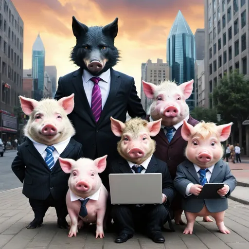 Prompt: The big bad wolf and the 3 little piggies , in the city as a background all using laptops and dressed business suits, in the style of fairytale art