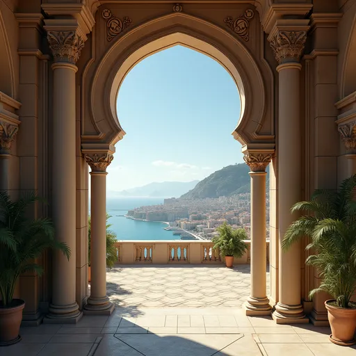 Prompt: a large archway with pillars and arches in a courtyard with a view of the city and the ocean in the distance, Chris LaBrooy, samikshavad, intricate details, a detailed matte painting