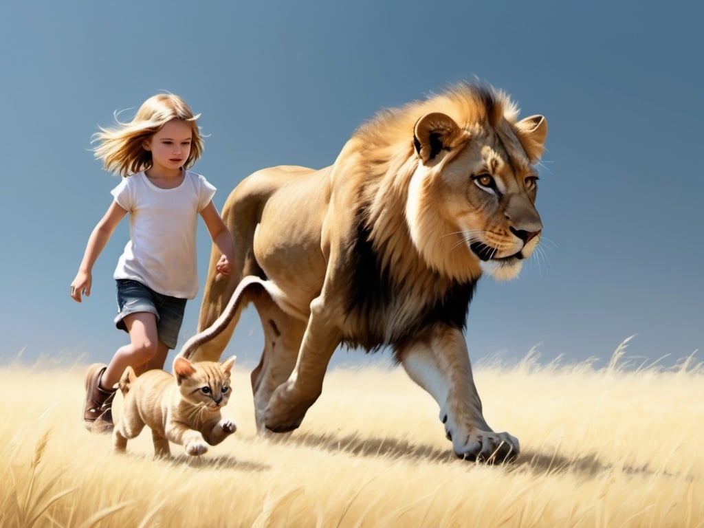 Prompt: girl walking through field sunny running dog photo 3 dementional realistic with an automatic rifle in her hand holding a kitten herd of lions following