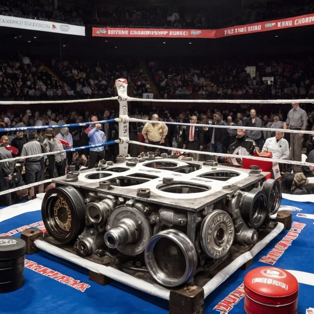 Prompt: a number of car rims and pistons inside a boxing ring that has won the championship