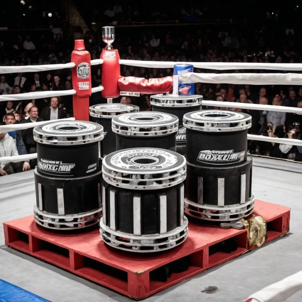 Prompt: a number of car rims and pistons inside a boxing ring that has won the championship