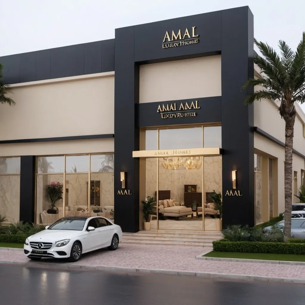 Prompt: a showroom picture from outside of luxury furniture name written on  showroom top AMAL HOMES